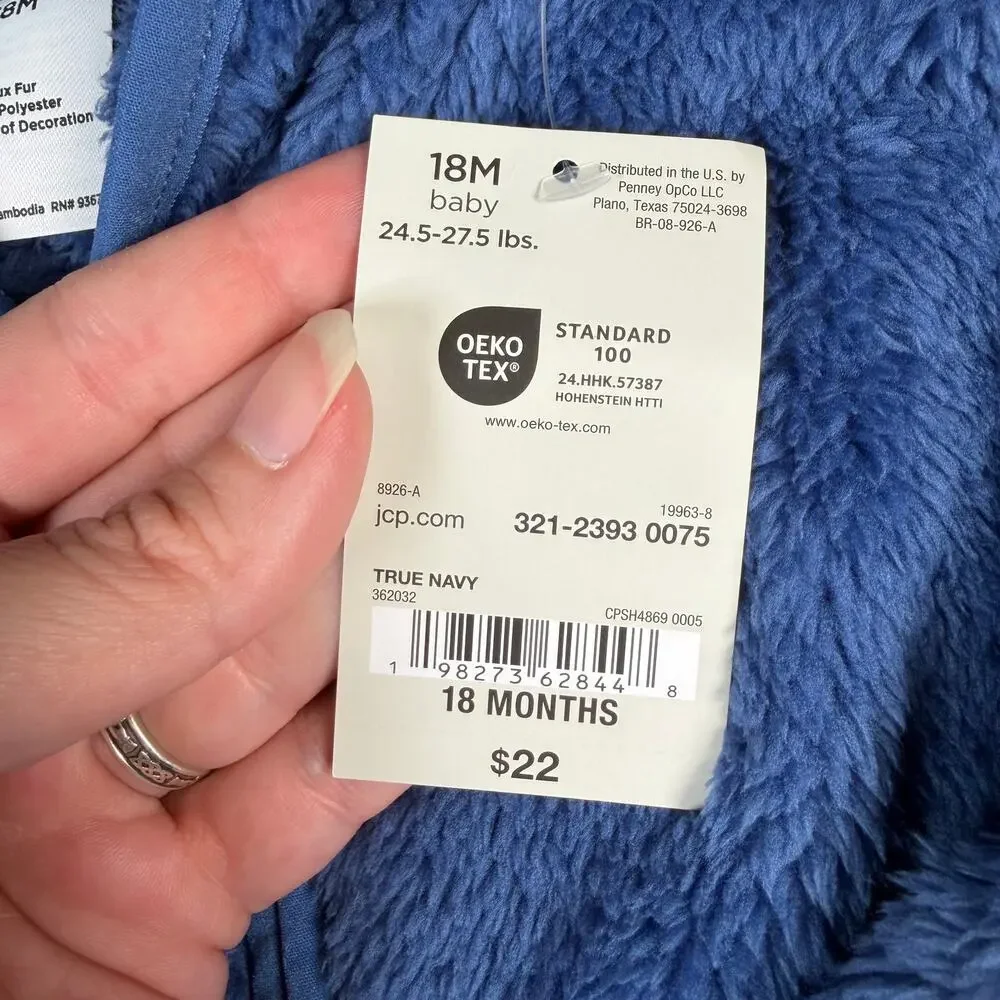 Okie Dokie Full Zip Jacket Boys 18M Faux Fur Blue Hooded Bear Ears NWT